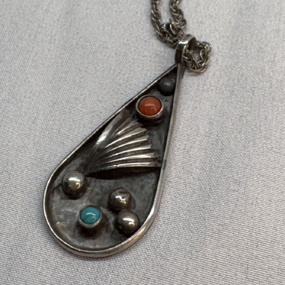 Vintage Southwestern Sterling Turquoise Coral Pitot Point Teardrop Pendant